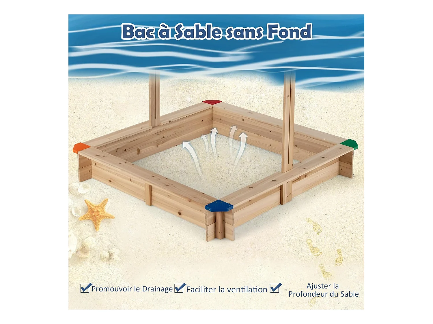 Bac à Sable en Bois de Sapin avec Toit Réglable & Inclinable, Bac à Sable Extérieur avec Conception sans Fond, Charge 90kg pour Enfant de 3 Ans+, 121 x 121 x 120 cm