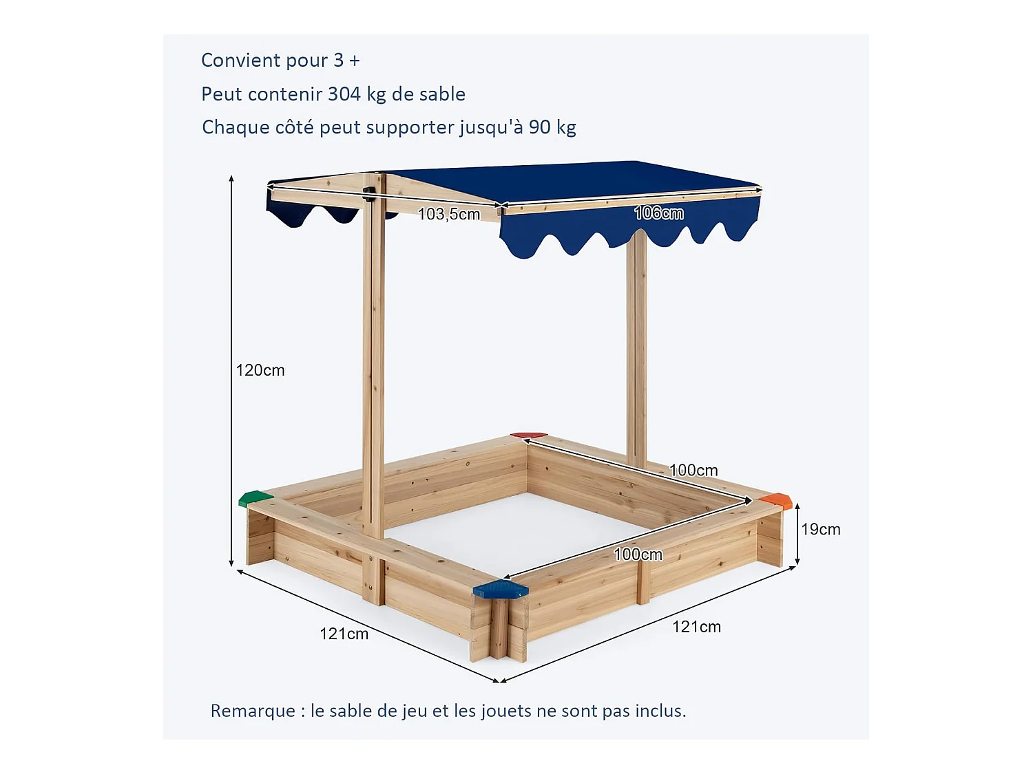Bac à Sable en Bois de Sapin avec Toit Réglable & Inclinable, Bac à Sable Extérieur avec Conception sans Fond, Charge 90kg pour Enfant de 3 Ans+, 121 x 121 x 120 cm