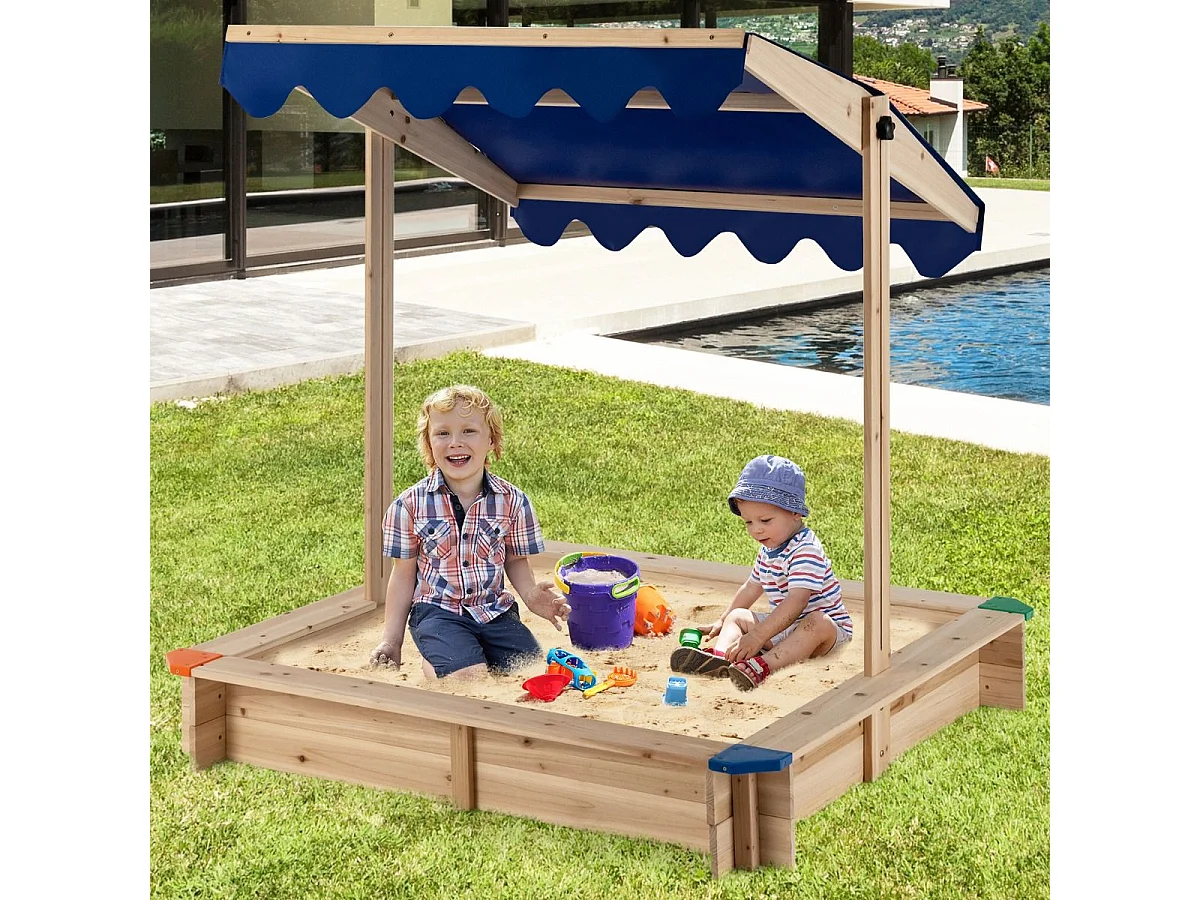 Bac à Sable en Bois de Sapin avec Toit Réglable & Inclinable, Bac à Sable Extérieur avec Conception sans Fond, Charge 90kg pour Enfant de 3 Ans+, 121 x 121 x 120 cm