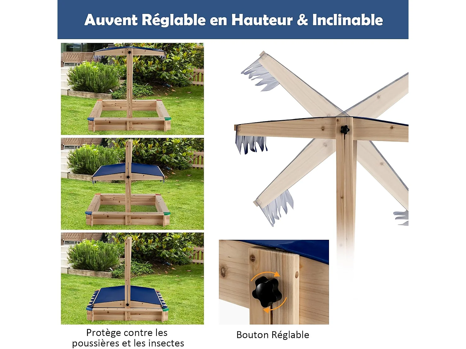 Bac à Sable en Bois de Sapin avec Toit Réglable & Inclinable, Bac à Sable Extérieur avec Conception sans Fond, Charge 90kg pour Enfant de 3 Ans+, 121 x 121 x 120 cm