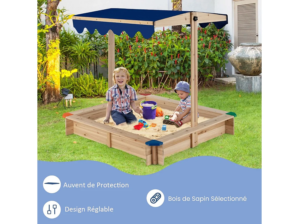 Bac à Sable en Bois de Sapin avec Toit Réglable & Inclinable, Bac à Sable Extérieur avec Conception sans Fond, Charge 90kg pour Enfant de 3 Ans+, 121 x 121 x 120 cm