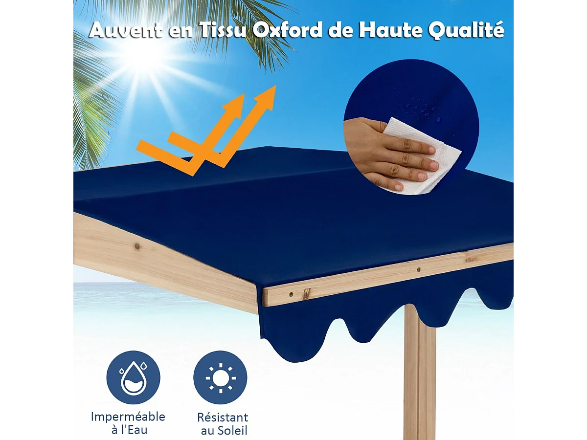 Bac à Sable en Bois de Sapin avec Toit Réglable & Inclinable, Bac à Sable Extérieur avec Conception sans Fond, Charge 90kg pour Enfant de 3 Ans+, 121 x 121 x 120 cm