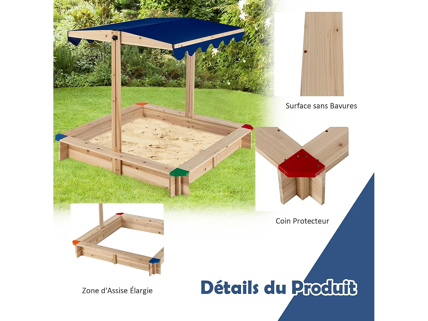 Bac à Sable en Bois de Sapin avec Toit Réglable & Inclinable, Bac à Sable Extérieur avec Conception sans Fond, Charge 90kg pour Enfant de 3 Ans+, 121 x 121 x 120 cm
