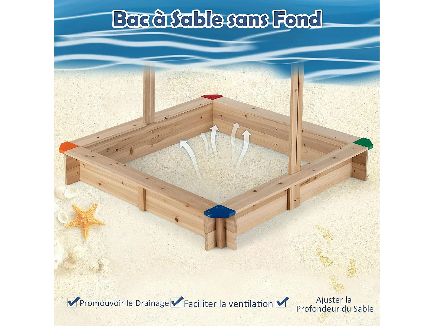 Bac à Sable en Bois de Sapin avec Toit Réglable & Inclinable, Bac à Sable Extérieur avec Conception sans Fond, Charge 90kg pour Enfant de 3 Ans+, 121 x 121 x 120 cm