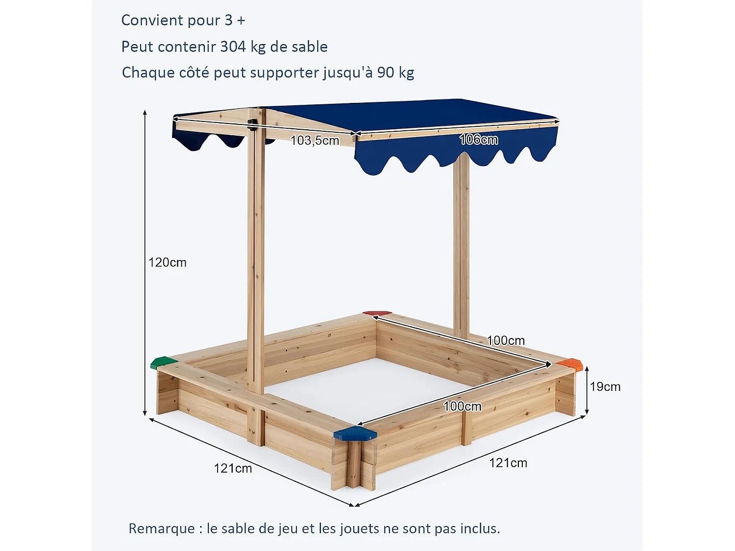 Bac à Sable en Bois de Sapin avec Toit Réglable & Inclinable, Bac à Sable Extérieur avec Conception sans Fond, Charge 90kg pour Enfant de 3 Ans+, 121 x 121 x 120 cm