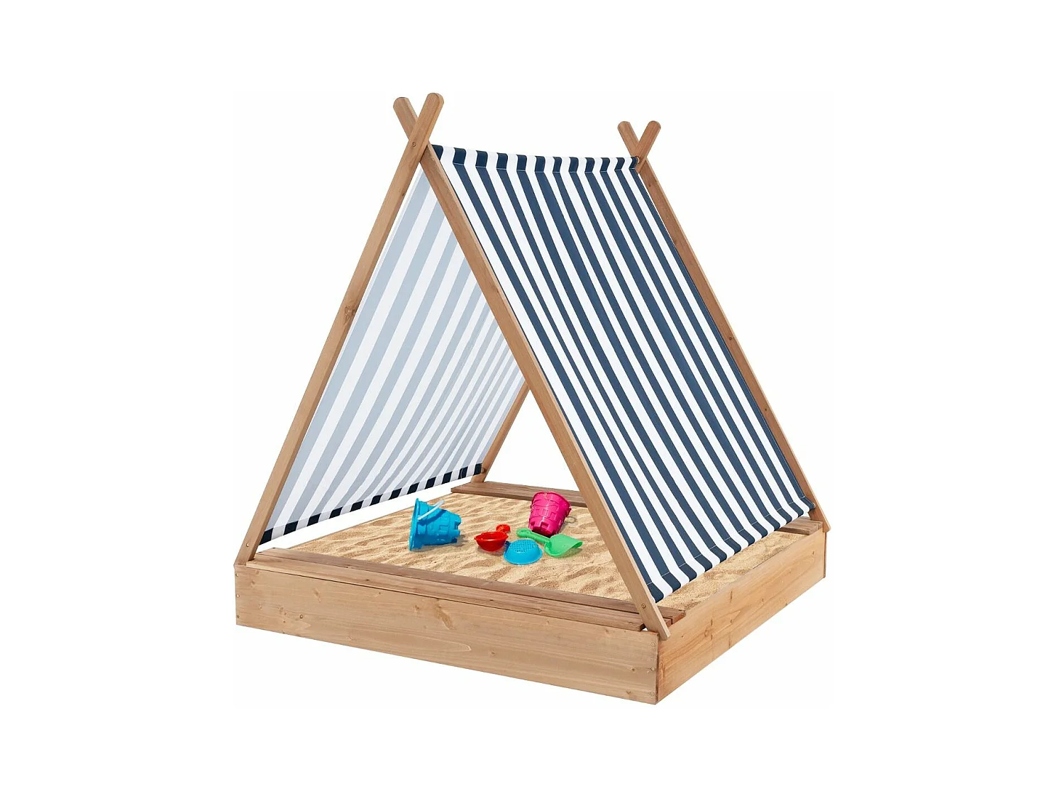 2 en 1 Bac à Sable en Bois Enfant avec Toit Amovible & 2 Bancs, Bac à Sable avec Conception sans Fond, Charge 100kg de Chaque Banc pour 1 an+, 124 x 123 x 134 cm