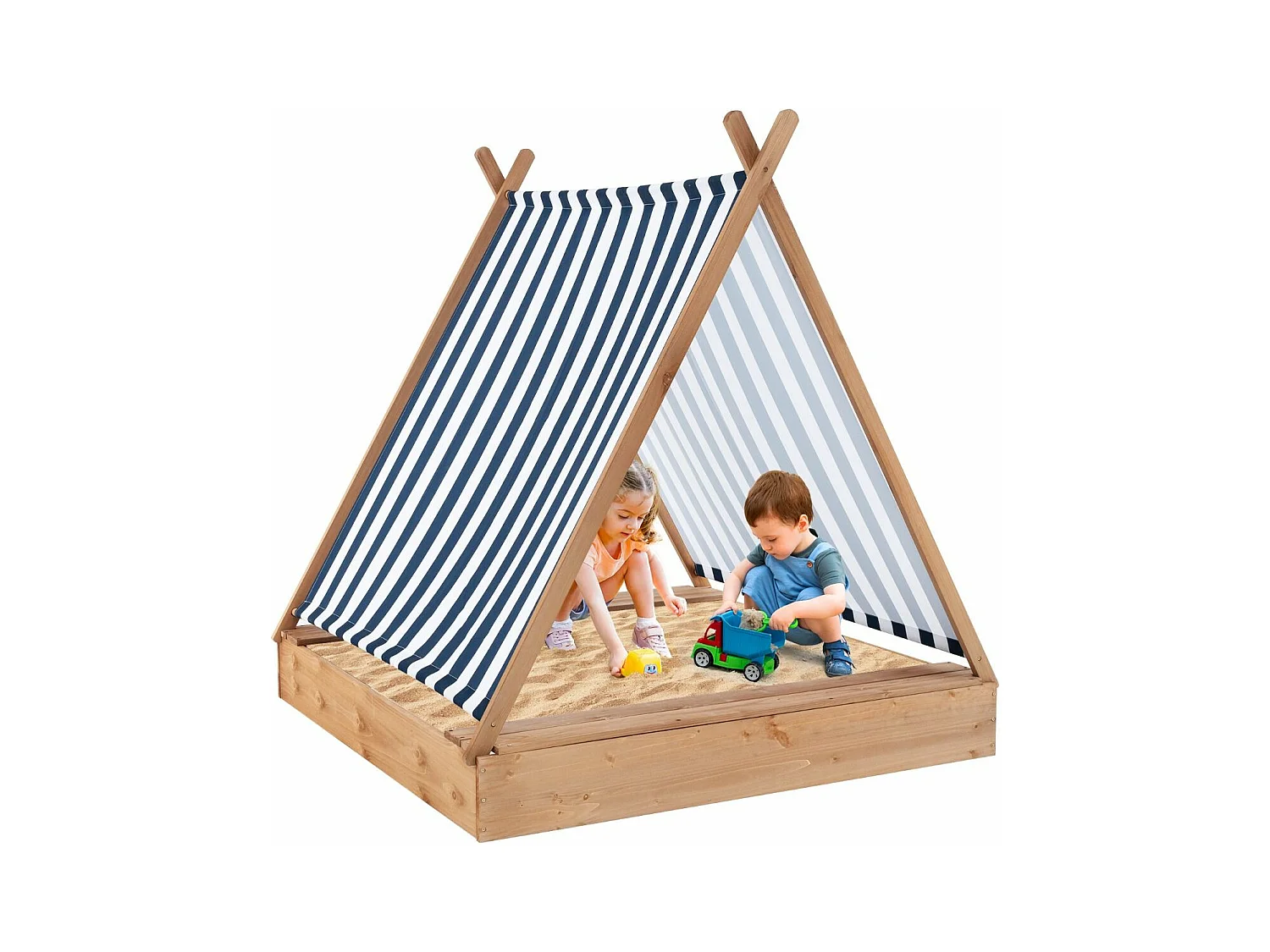 2 en 1 Bac à Sable en Bois Enfant avec Toit Amovible & 2 Bancs, Bac à Sable avec Conception sans Fond, Charge 100kg de Chaque Banc pour 1 an+, 124 x 123 x 134 cm