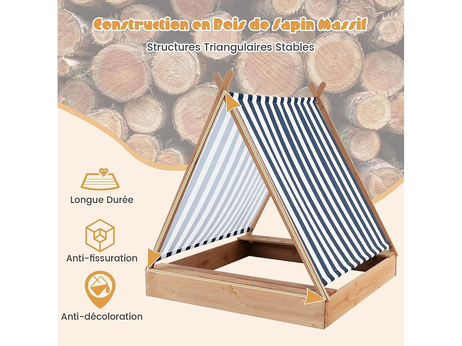 2 en 1 Bac à Sable en Bois Enfant avec Toit Amovible & 2 Bancs, Bac à Sable avec Conception sans Fond, Charge 100kg de Chaque Banc pour 1 an+, 124 x 123 x 134 cm