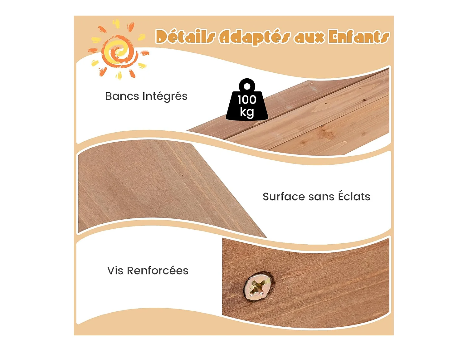 2 en 1 Bac à Sable en Bois Enfant avec Toit Amovible & 2 Bancs, Bac à Sable avec Conception sans Fond, Charge 100kg de Chaque Banc pour 1 an+, 124 x 123 x 134 cm