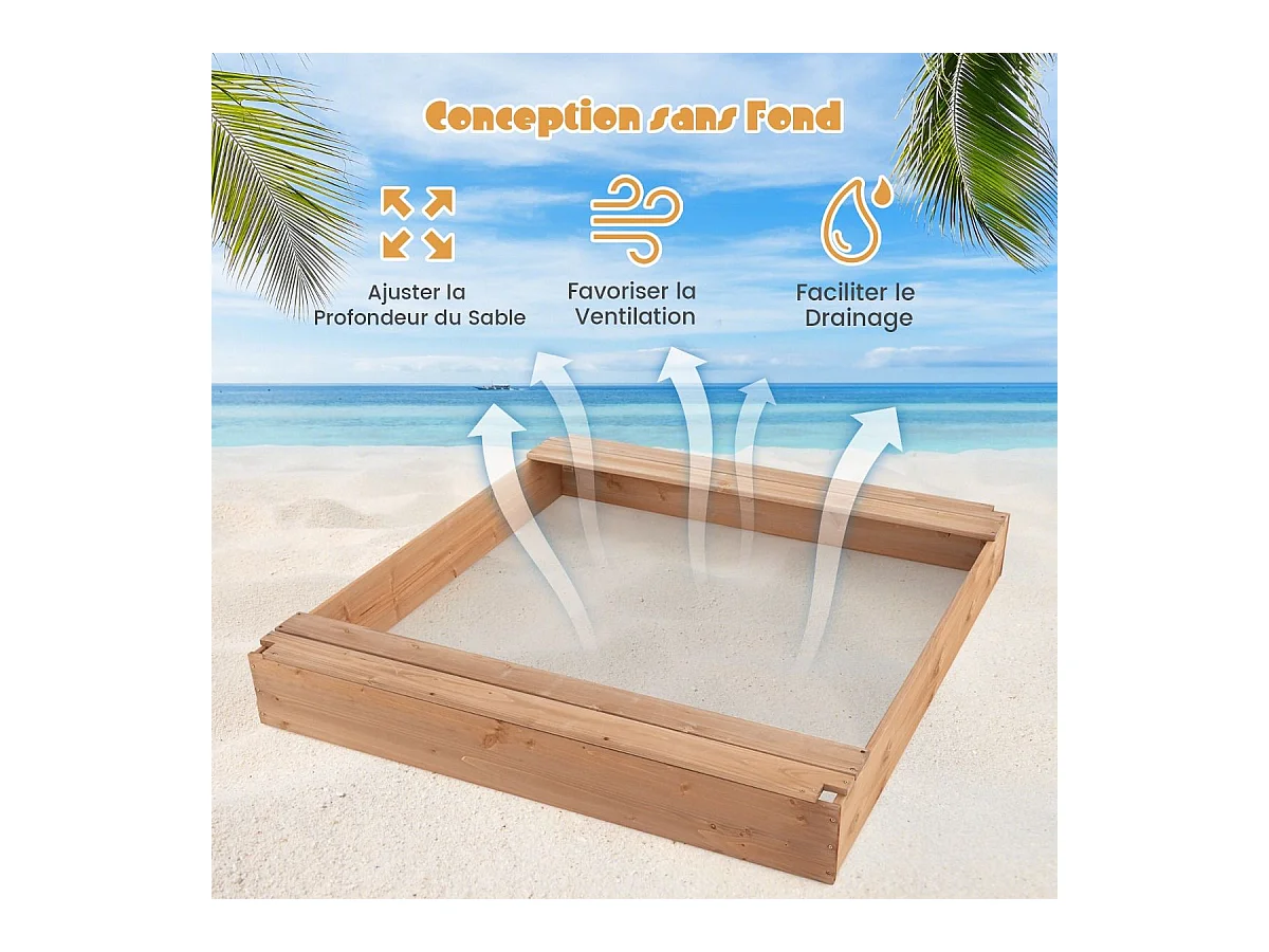 2 en 1 Bac à Sable en Bois Enfant avec Toit Amovible & 2 Bancs, Bac à Sable avec Conception sans Fond, Charge 100kg de Chaque Banc pour 1 an+, 124 x 123 x 134 cm