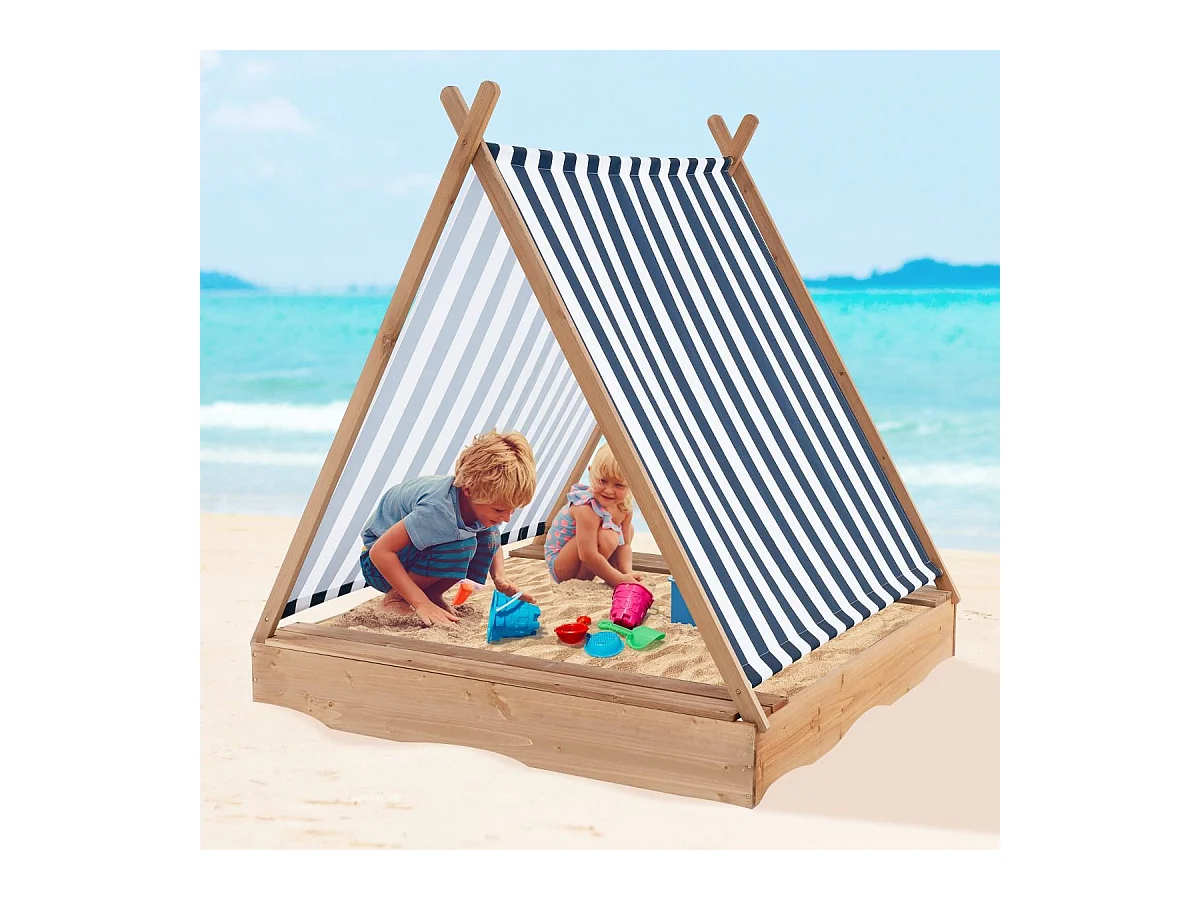 2 en 1 Bac à Sable en Bois Enfant avec Toit Amovible & 2 Bancs, Bac à Sable avec Conception sans Fond, Charge 100kg de Chaque Banc pour 1 an+, 124 x 123 x 134 cm