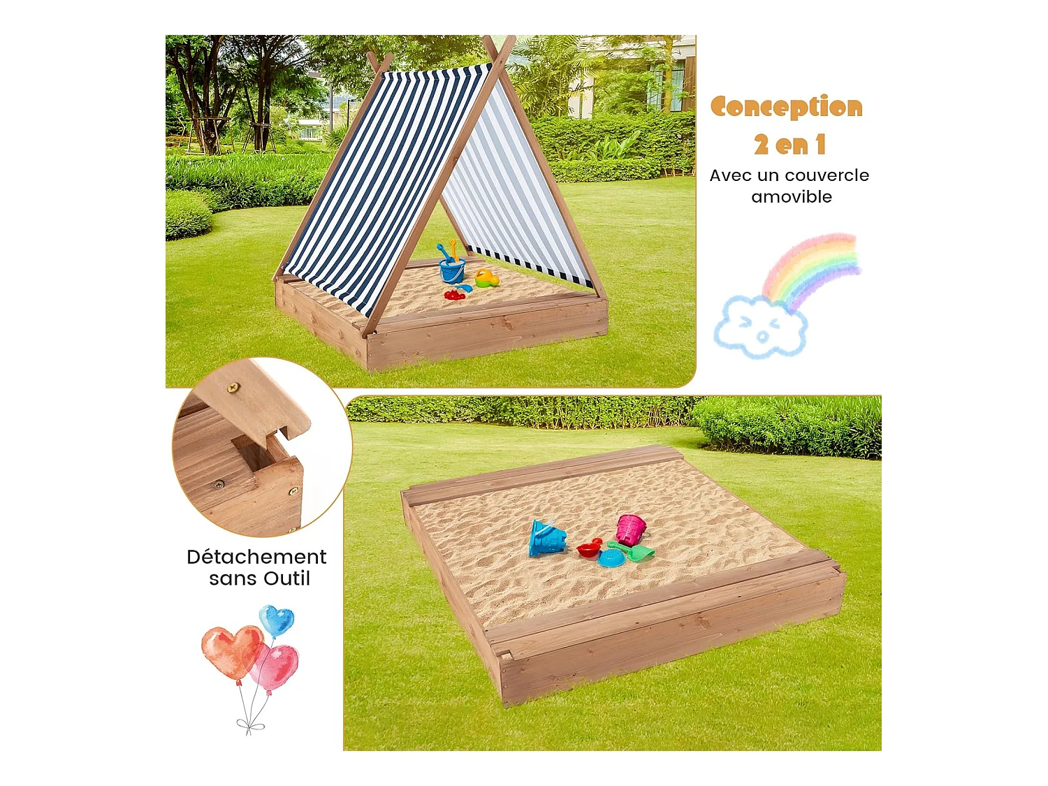 2 en 1 Bac à Sable en Bois Enfant avec Toit Amovible & 2 Bancs, Bac à Sable avec Conception sans Fond, Charge 100kg de Chaque Banc pour 1 an+, 124 x 123 x 134 cm