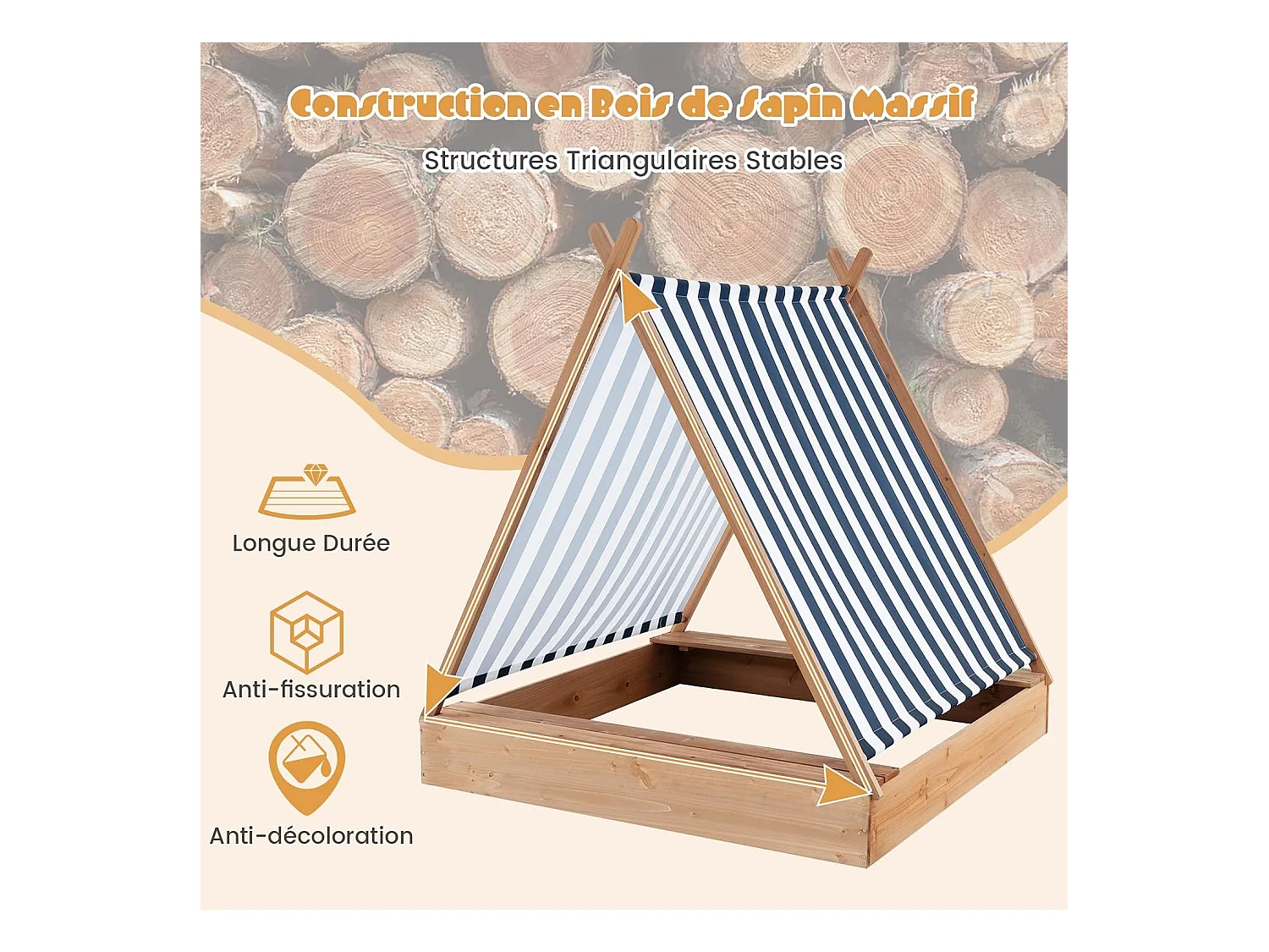 2 en 1 Bac à Sable en Bois Enfant avec Toit Amovible & 2 Bancs, Bac à Sable avec Conception sans Fond, Charge 100kg de Chaque Banc pour 1 an+, 124 x 123 x 134 cm