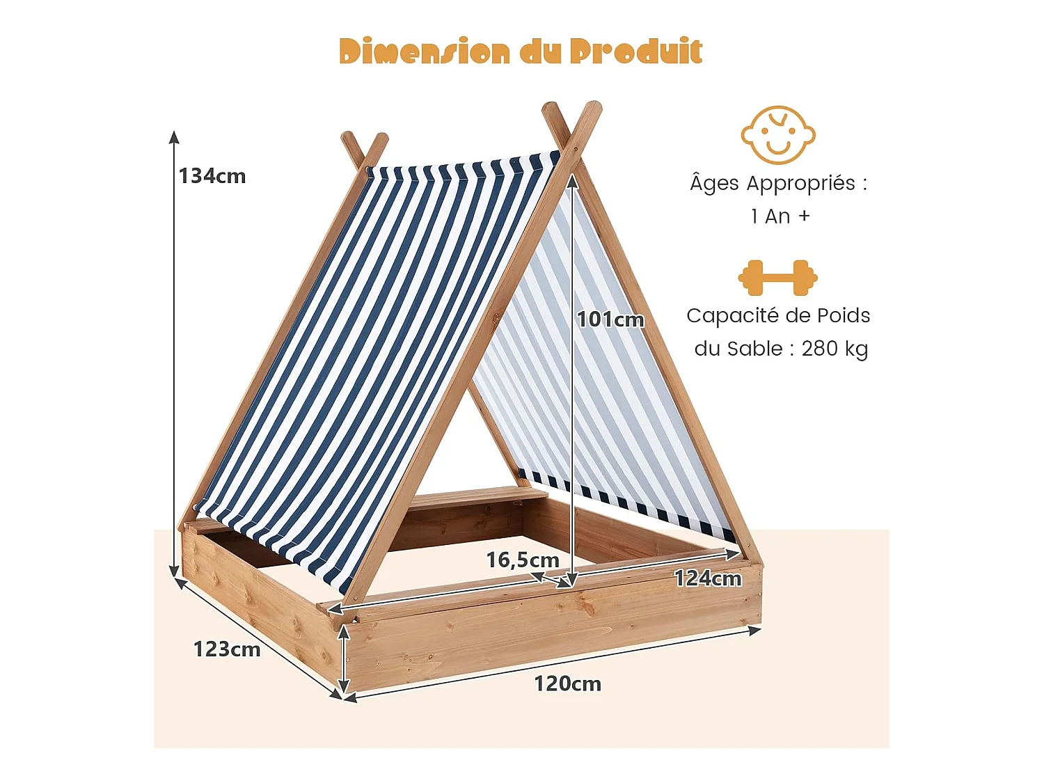 2 en 1 Bac à Sable en Bois Enfant avec Toit Amovible & 2 Bancs, Bac à Sable avec Conception sans Fond, Charge 100kg de Chaque Banc pour 1 an+, 124 x 123 x 134 cm