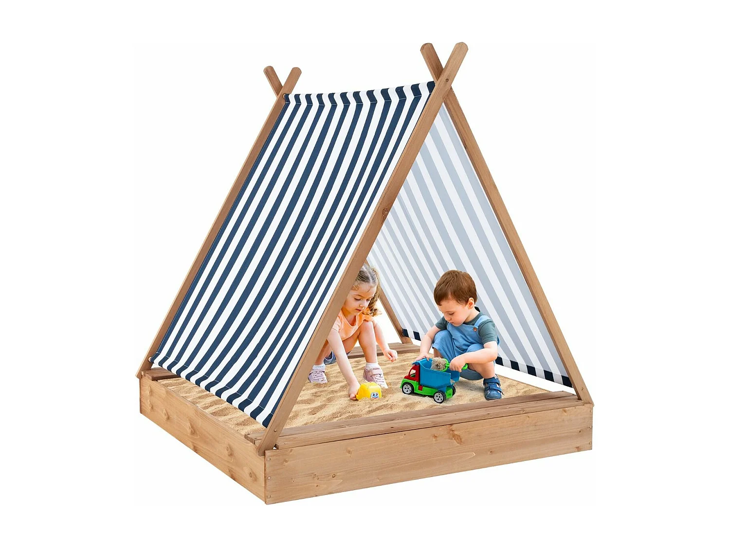 2-in-1 houten zandbak voor kinderen met afneembaar dak en 2 banken, draagvermogen van 100 kg per bank voor kinderen vanaf 1 jaar, 124 x 123 x 134 cm