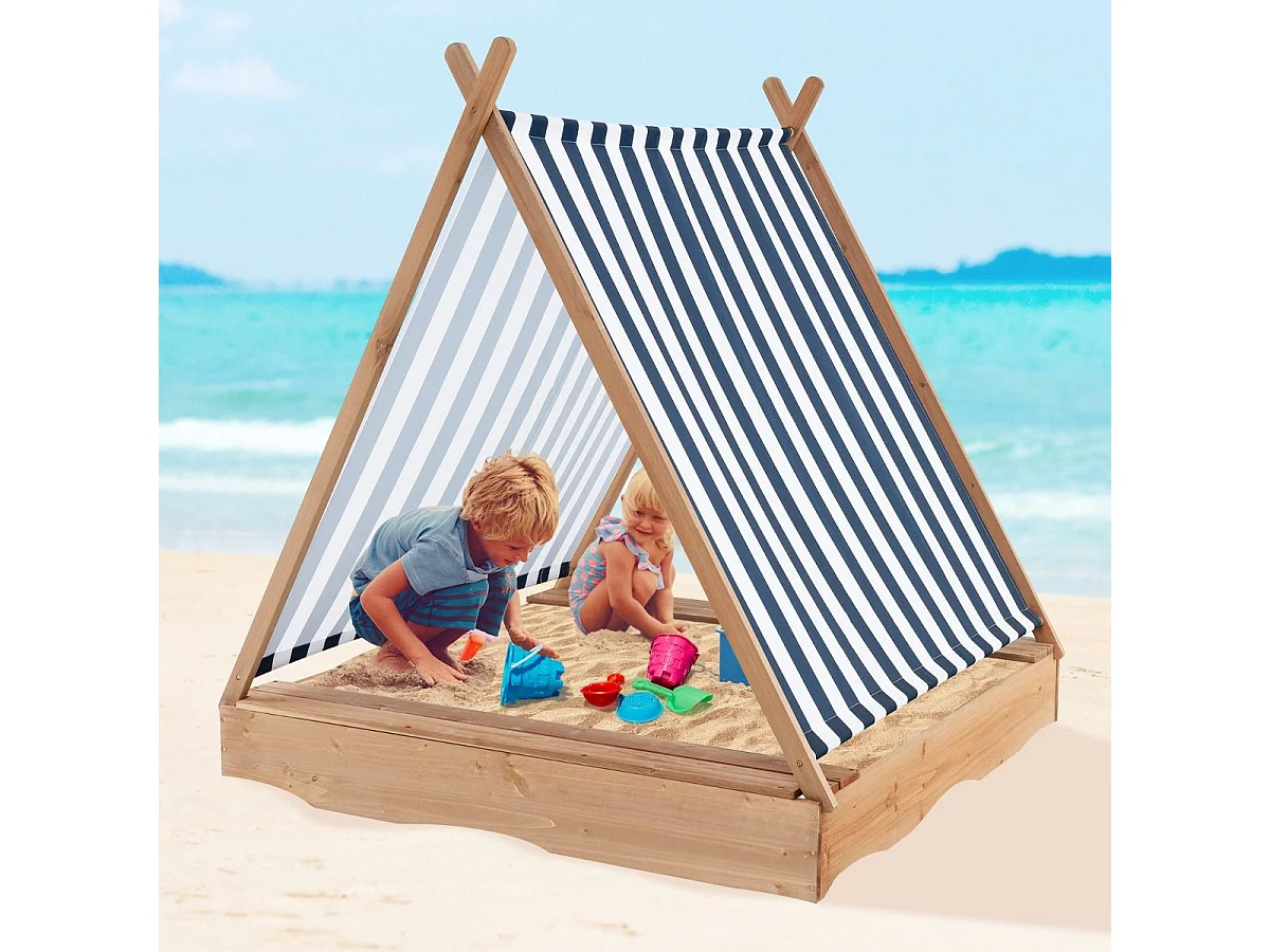 2-in-1 houten zandbak voor kinderen met afneembaar dak en 2 banken, draagvermogen van 100 kg per bank voor kinderen vanaf 1 jaar, 124 x 123 x 134 cm