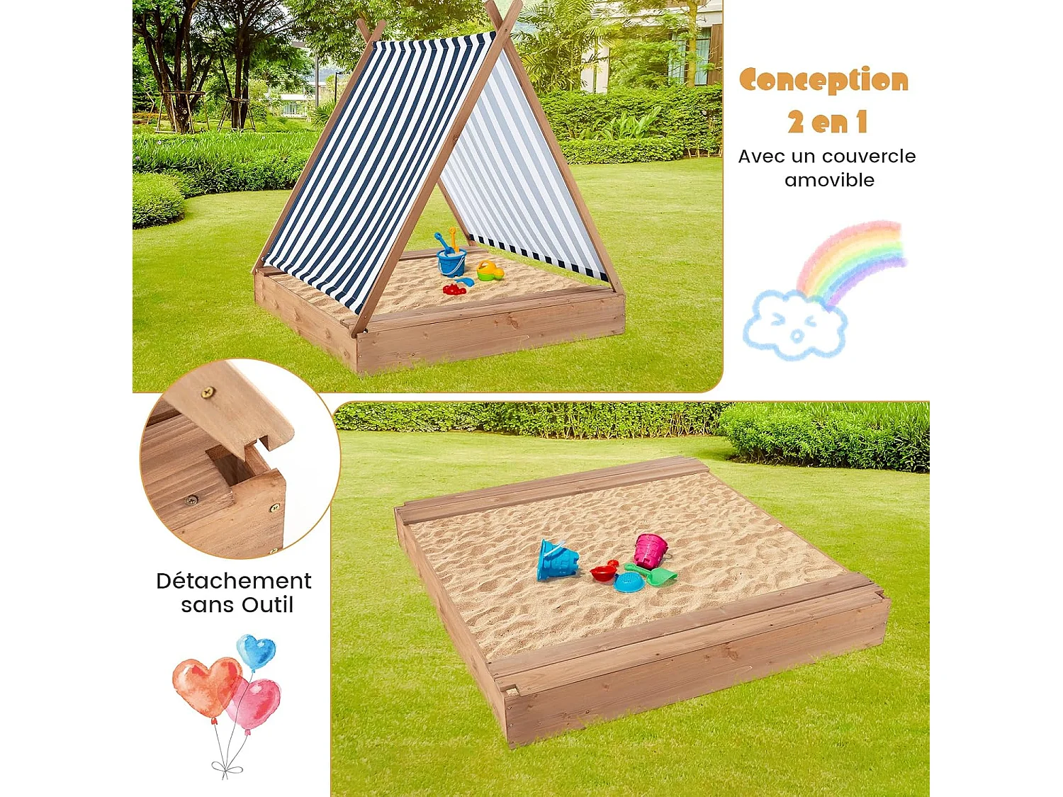 2-in-1 houten zandbak voor kinderen met afneembaar dak en 2 banken, draagvermogen van 100 kg per bank voor kinderen vanaf 1 jaar, 124 x 123 x 134 cm