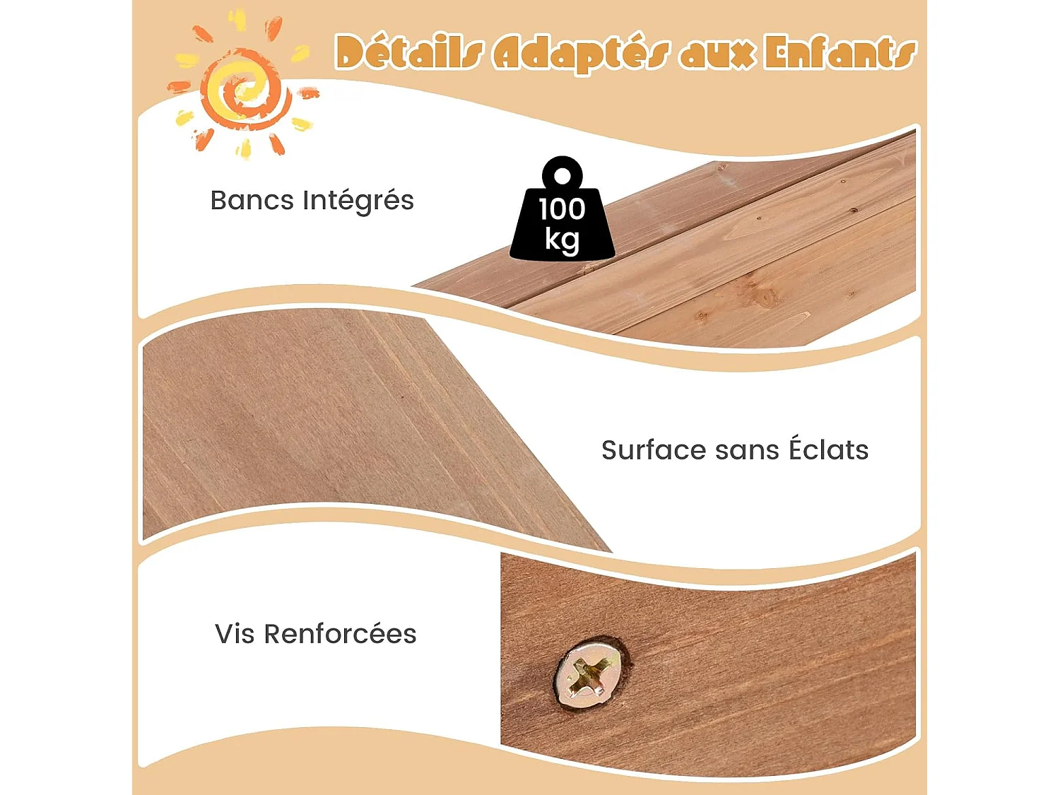 2-in-1 houten zandbak voor kinderen met afneembaar dak en 2 banken, draagvermogen van 100 kg per bank voor kinderen vanaf 1 jaar, 124 x 123 x 134 cm