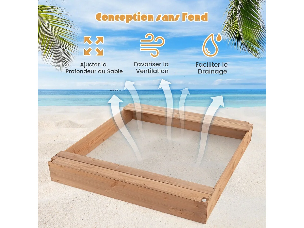 2-in-1 houten zandbak voor kinderen met afneembaar dak en 2 banken, draagvermogen van 100 kg per bank voor kinderen vanaf 1 jaar, 124 x 123 x 134 cm