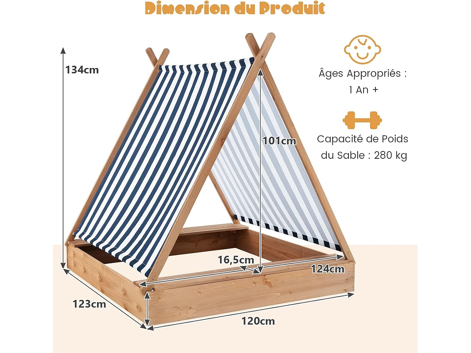 2-in-1 houten zandbak voor kinderen met afneembaar dak en 2 banken, draagvermogen van 100 kg per bank voor kinderen vanaf 1 jaar, 124 x 123 x 134 cm