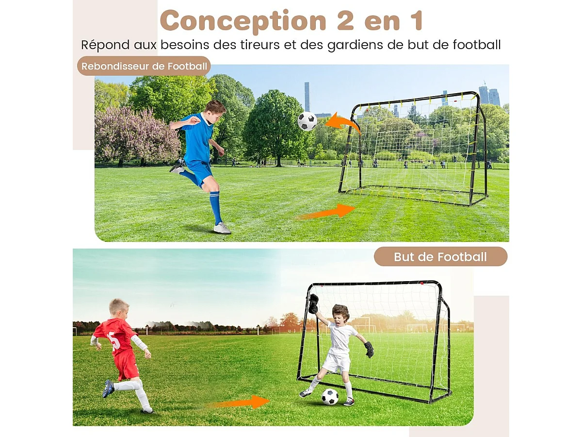 But de Football 2 en 1, Cage de Foot avec Filet de Rebond Angle Réglable Cadre en Métal Robuste, Entraînement de Football pour +6 Ans (Noir)
