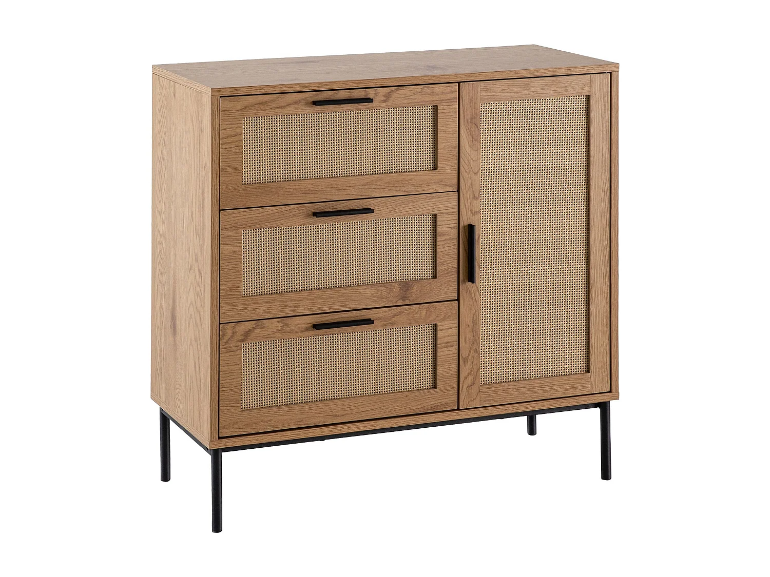 Commode 80 cm Décor Chêne Rotin Meuble d’entrée Armoire Rangements