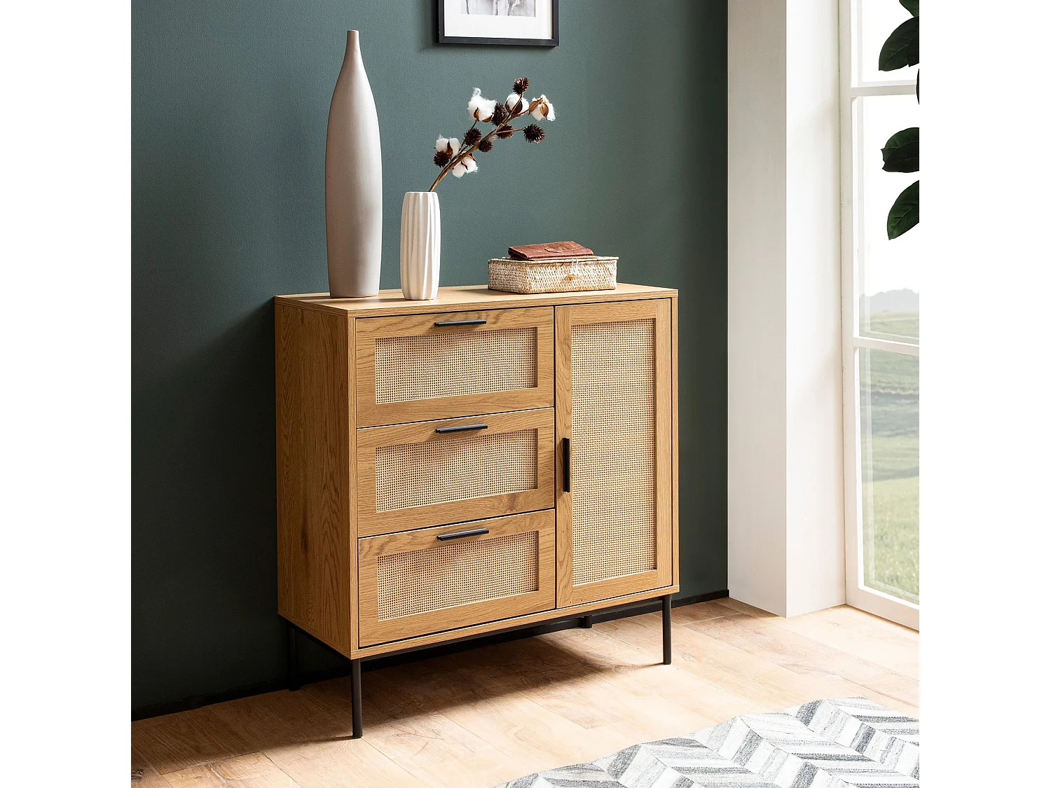 Commode 80 cm Décor Chêne Rotin Meuble d’entrée Armoire Rangements