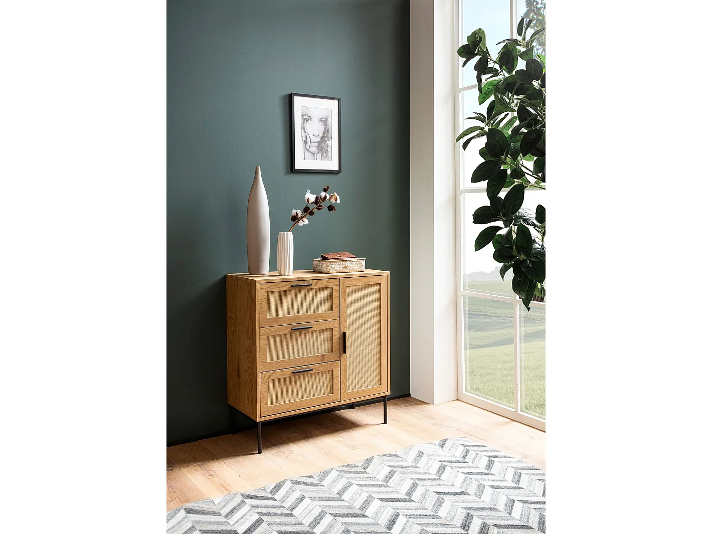 Commode 80 cm Décor Chêne Rotin Meuble d’entrée Armoire Rangements