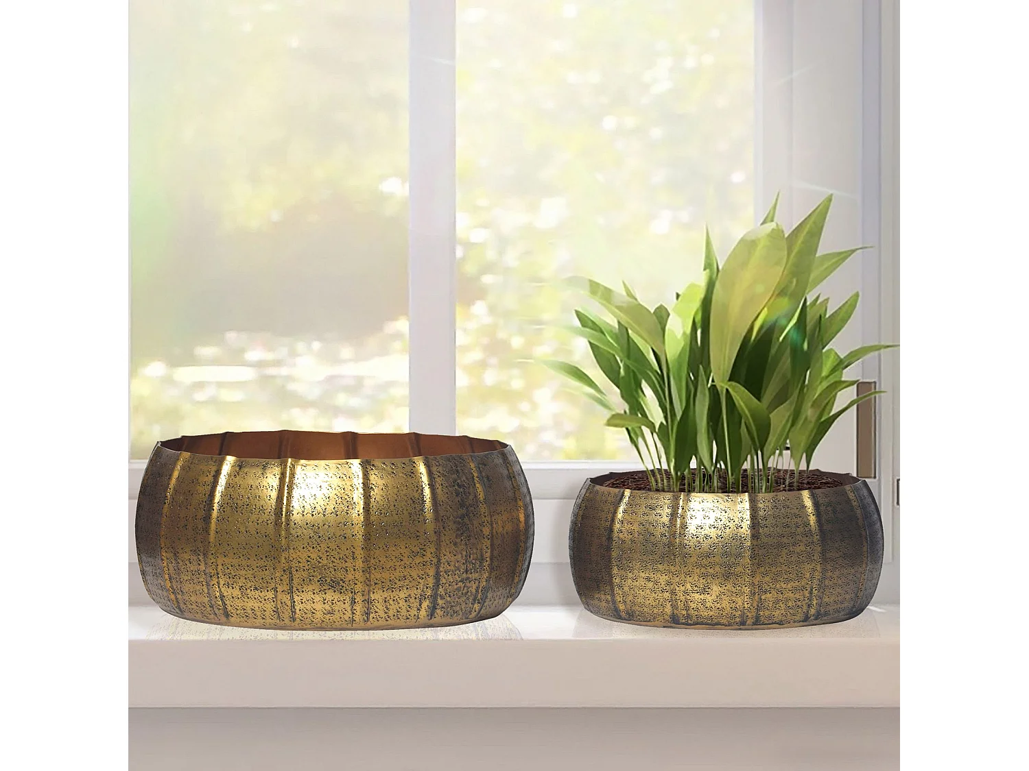 Lot de 2 Cache-Pots Métal Aluminium Martelée Ronde Jardinières Moderne