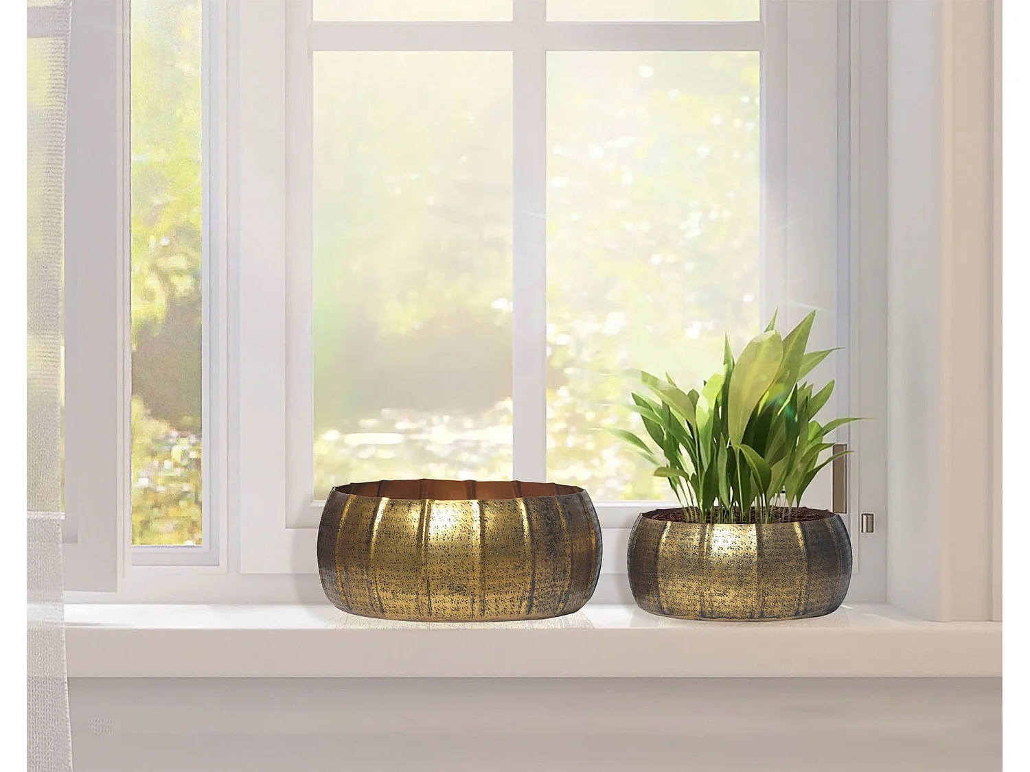 Lot de 2 Cache-Pots Métal Aluminium Martelée Ronde Jardinières Moderne