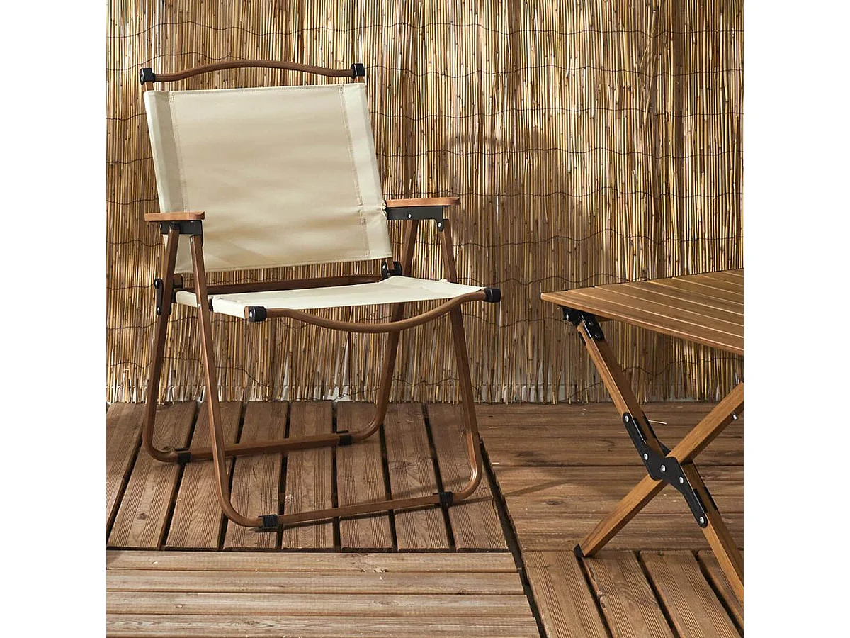 KAMPA - Chaise Pliante de Camping en Métal imitation bois et Toile Beige