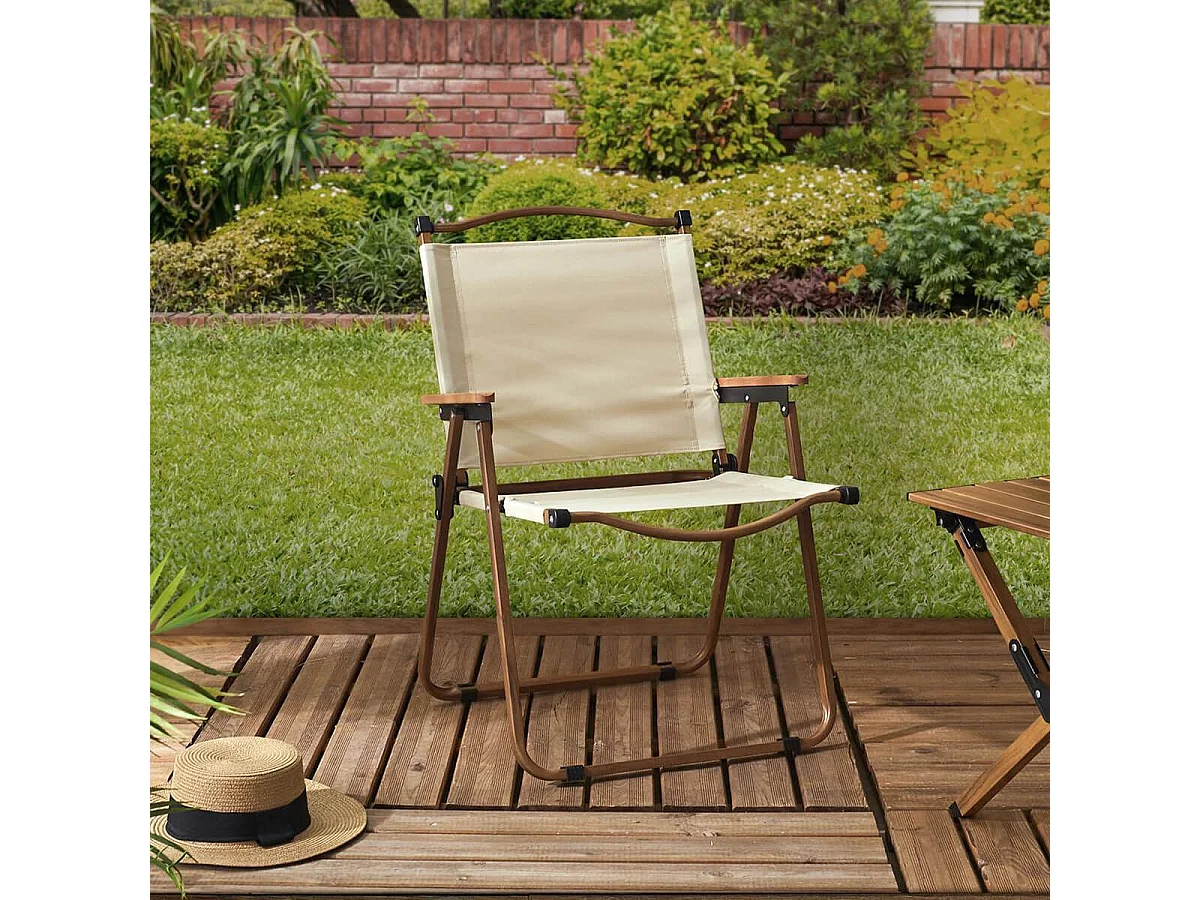 KAMPA - Chaise Pliante de Camping en Métal imitation bois et Toile Beige