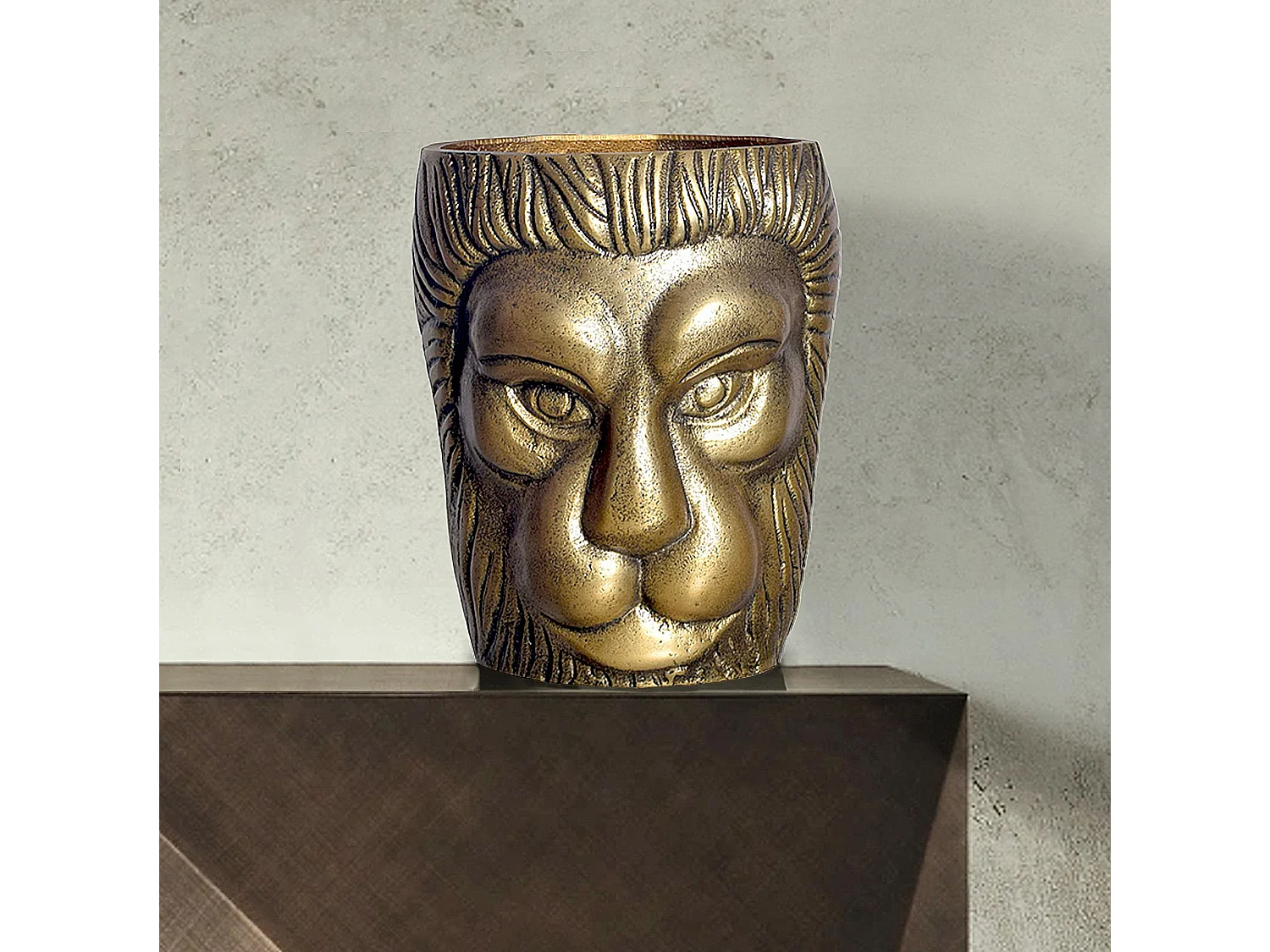 Vase Déco Tête de Lion 21 cm Aluminium Doré Fleurs Moderne Intérieure