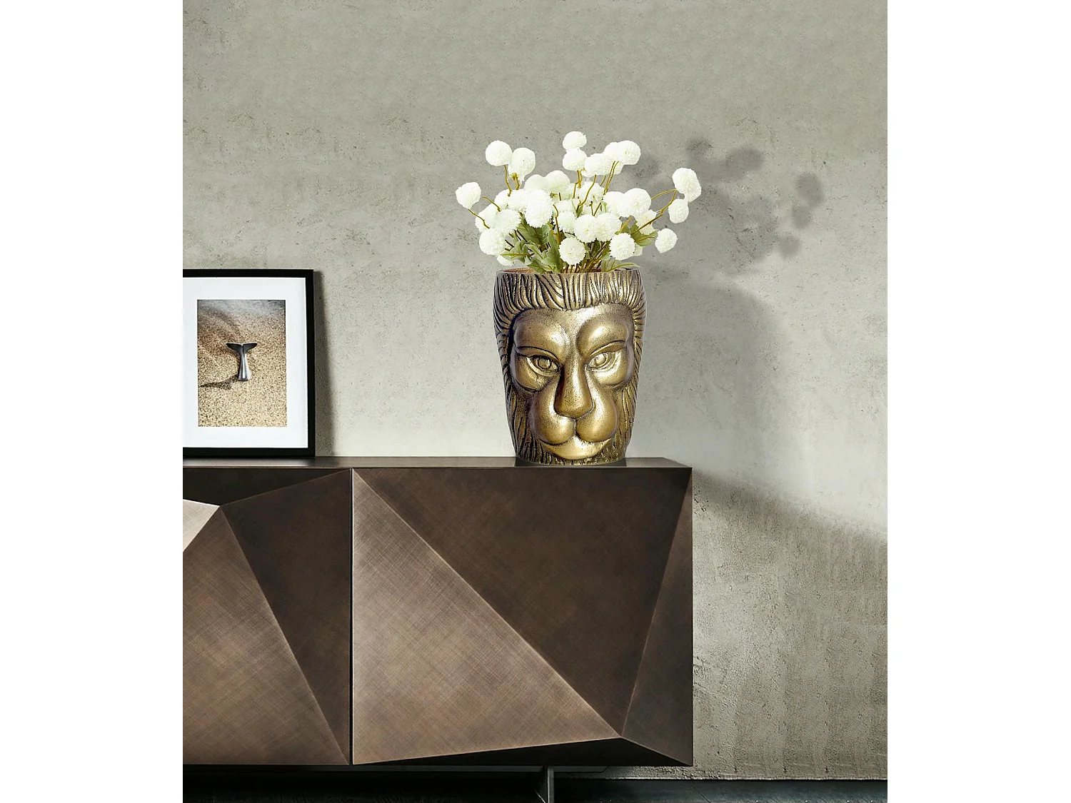 Vase Déco Tête de Lion 21 cm Aluminium Doré Fleurs Moderne Intérieure