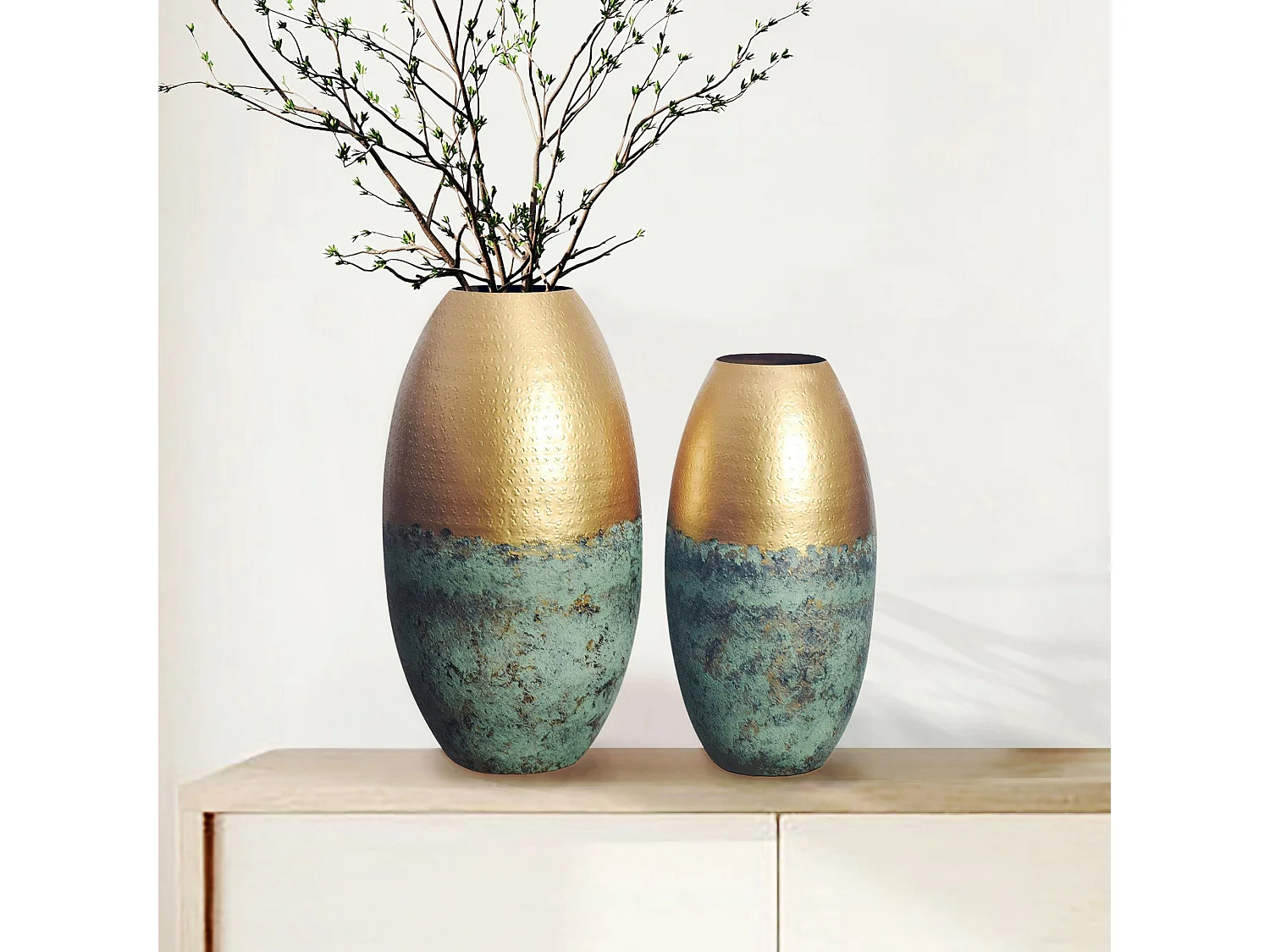 Vase Décorative Lot de 2 Aluminium Or Patiné Fleurs Décoration Moderne