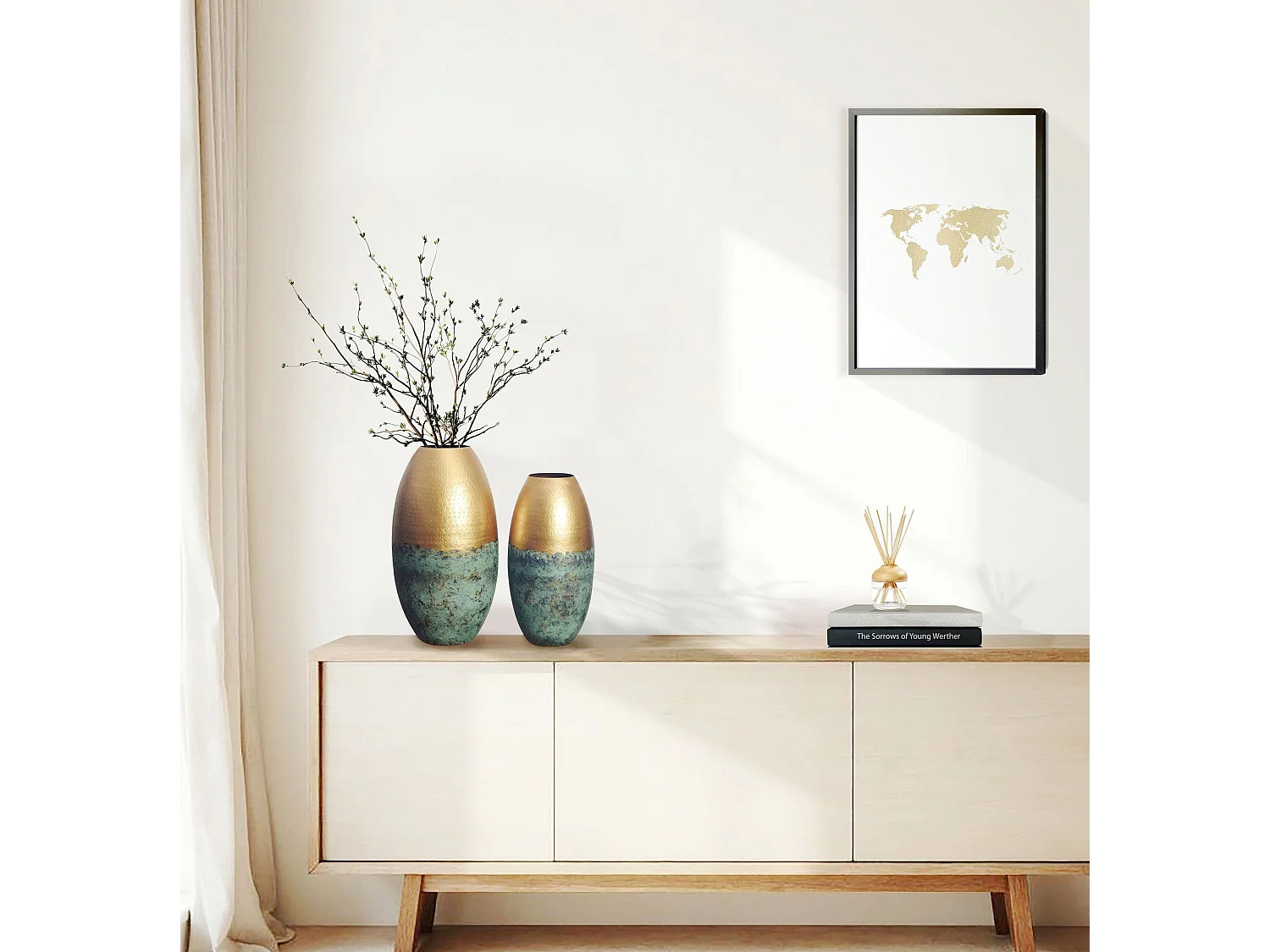 Vase Décorative Lot de 2 Aluminium Or Patiné Fleurs Décoration Moderne