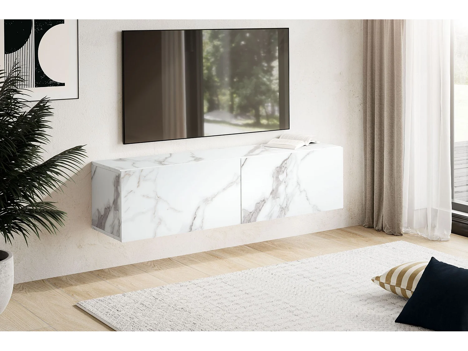 Meuble TV Suspendu 120 cm Lowboard Aspect Marbre Commode TV Mural