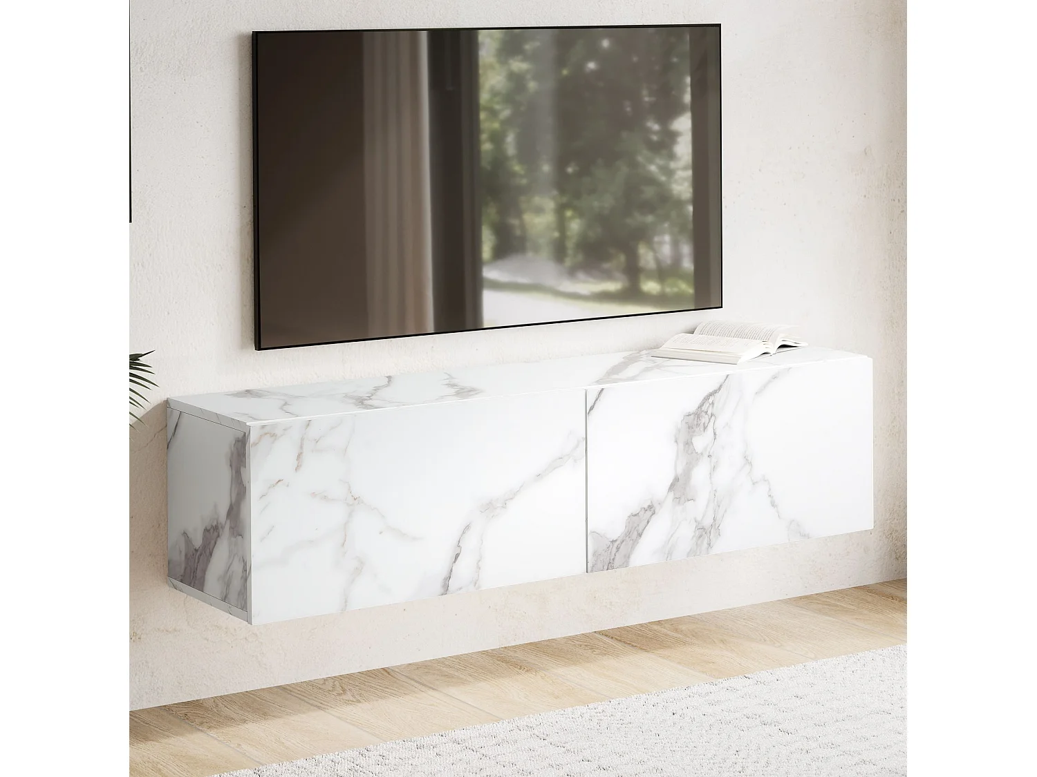 Meuble TV Suspendu 120 cm Lowboard Aspect Marbre Commode TV Mural