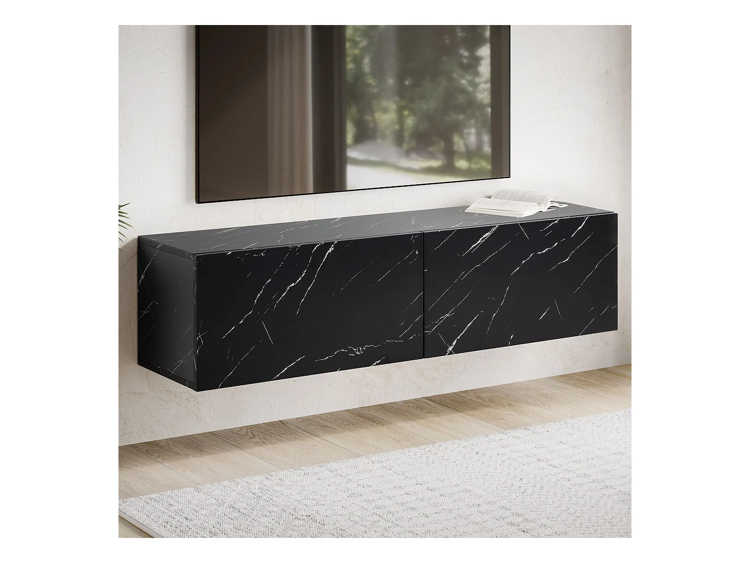 Meuble TV Suspendu 120 cm Lowboard Aspect Marbre Commode TV Mural