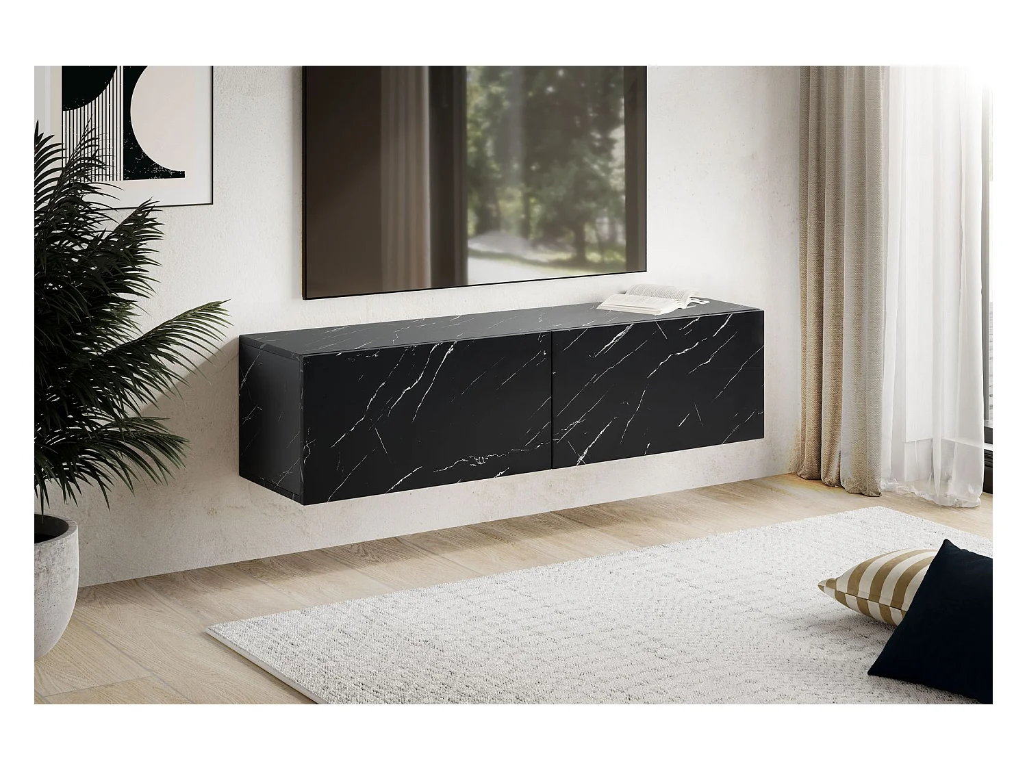 Meuble TV Suspendu 120 cm Lowboard Aspect Marbre Commode TV Mural