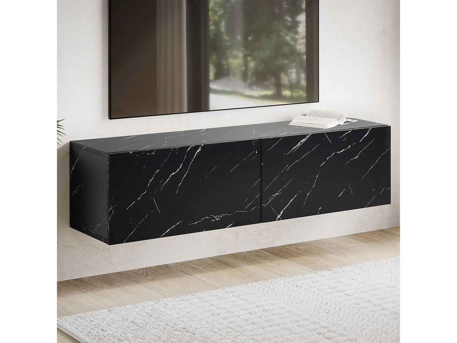 Meuble TV Suspendu 120 cm Lowboard Aspect Marbre Commode TV Mural