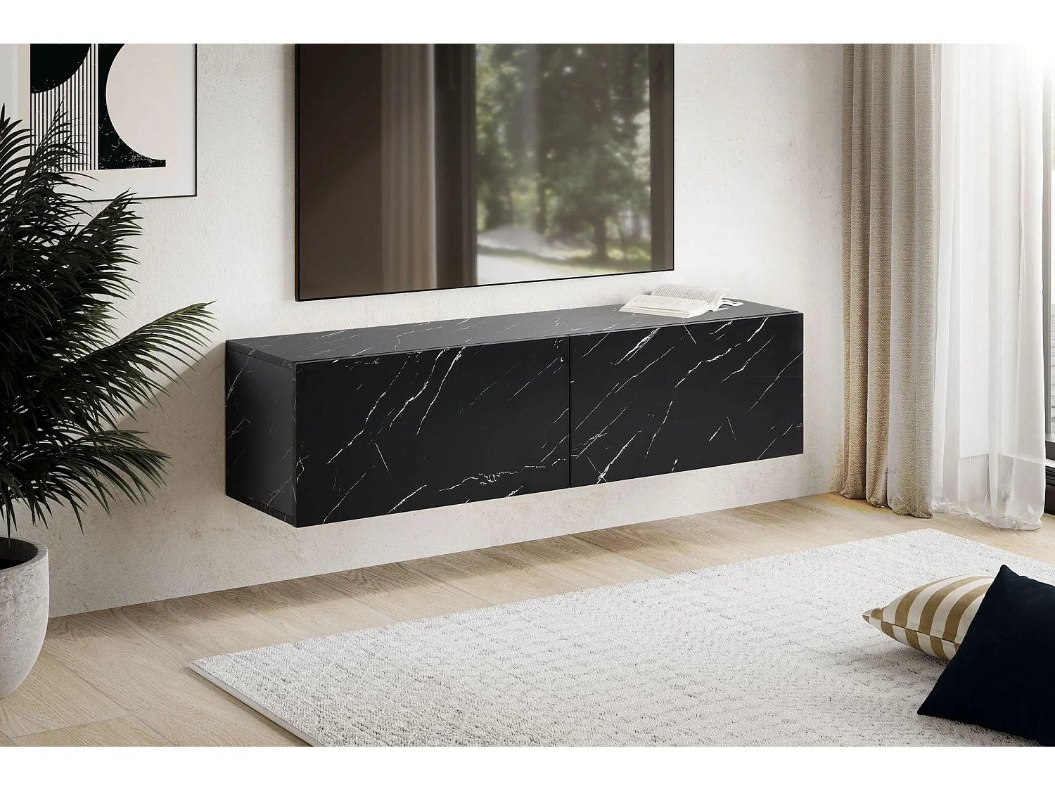 Meuble TV Suspendu 120 cm Lowboard Aspect Marbre Commode TV Mural