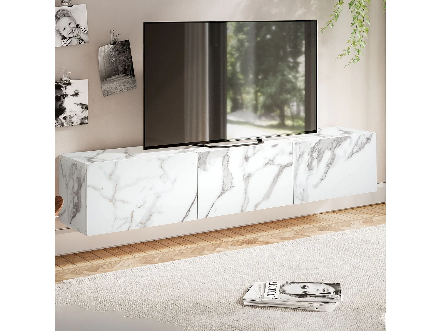 Meuble TV Suspendu 160 cm Lowboard Aspect Marbre Commode TV Mural Portes