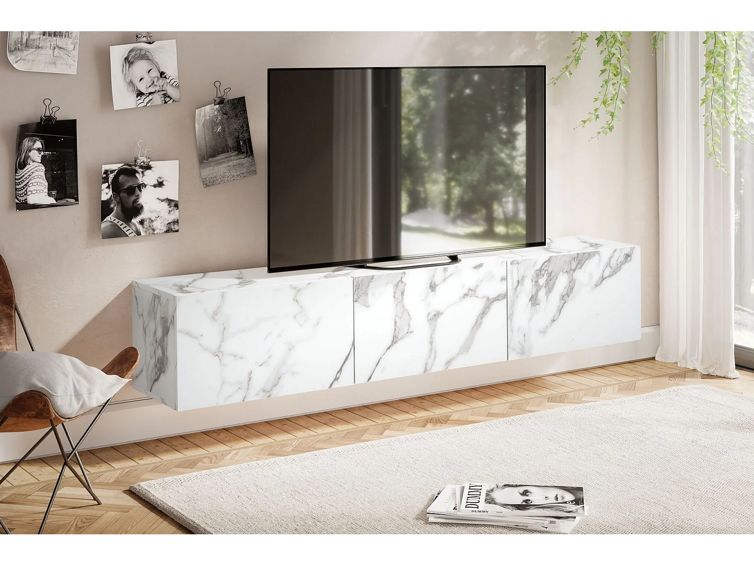 Meuble TV Suspendu 160 cm Lowboard Aspect Marbre Commode TV Mural Portes