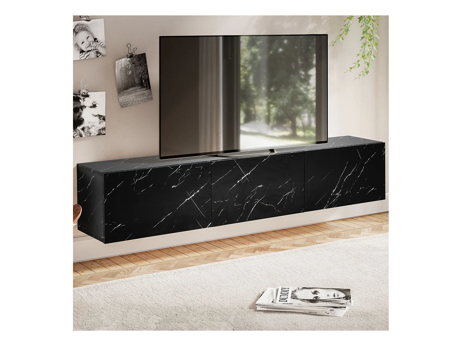 Meuble TV Suspendu 160 cm Lowboard Aspect Marbre Commode TV Mural Portes