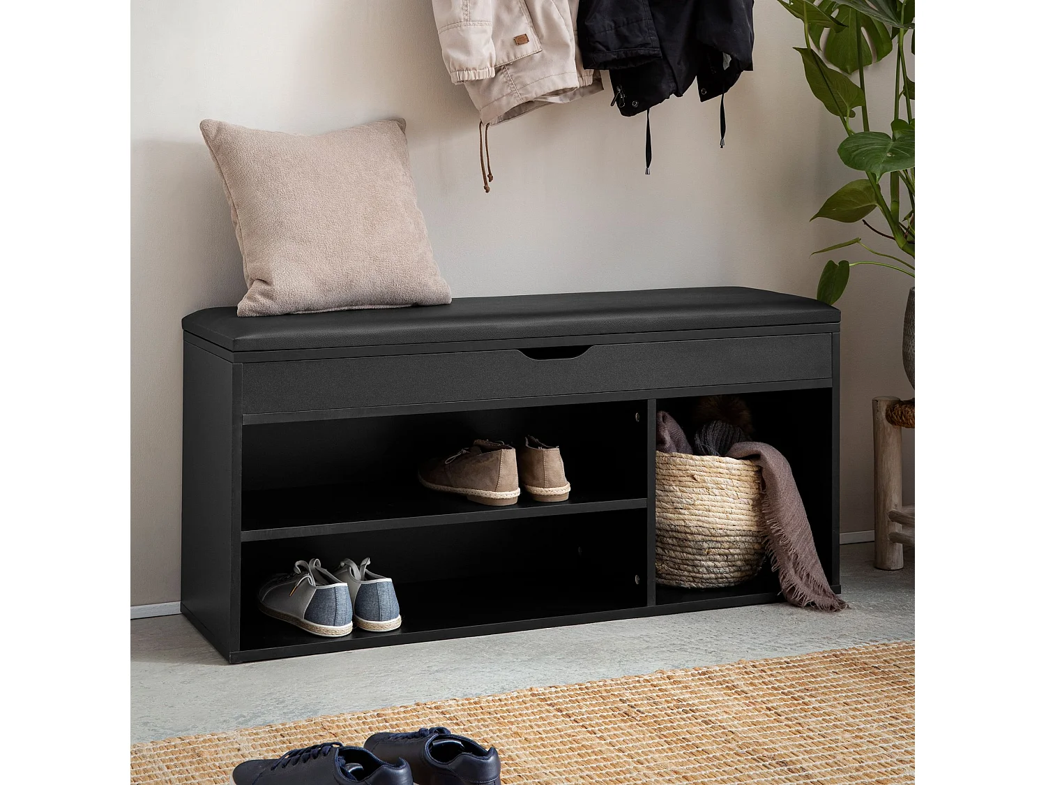 Banc à Chaussures 104 cm Rembourré Noir avec Rangement Couloir Petit