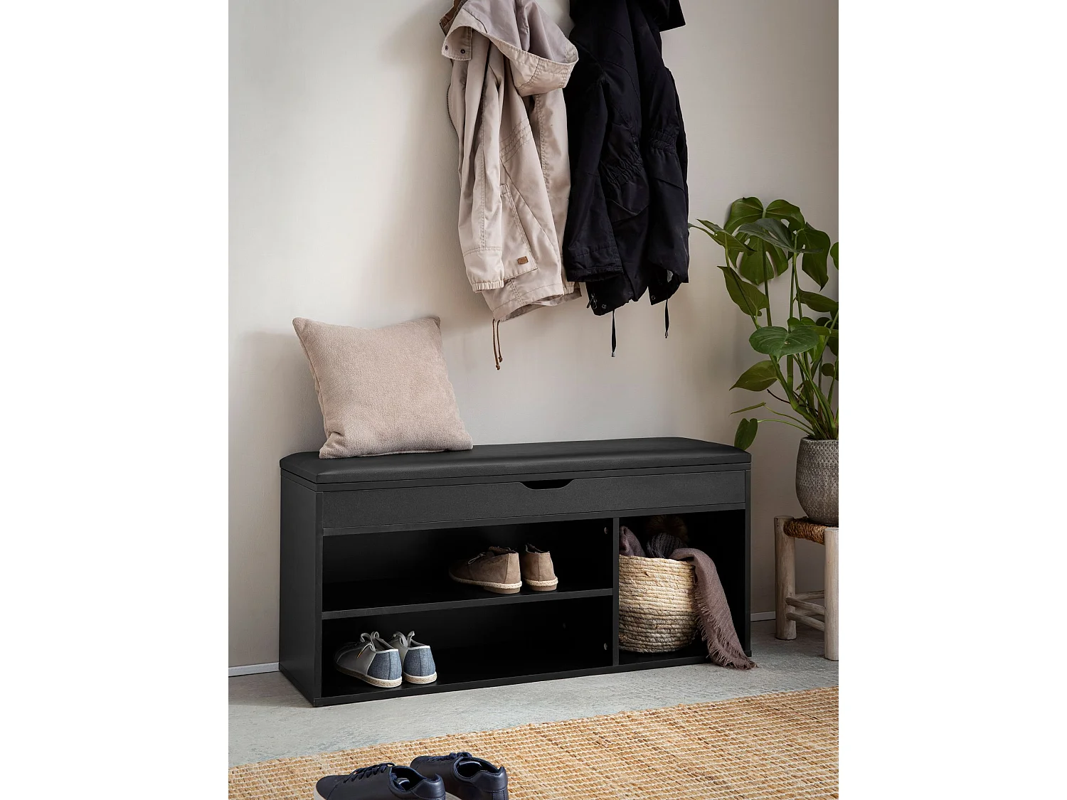 Banc à Chaussures 104 cm Rembourré Noir avec Rangement Couloir Petit