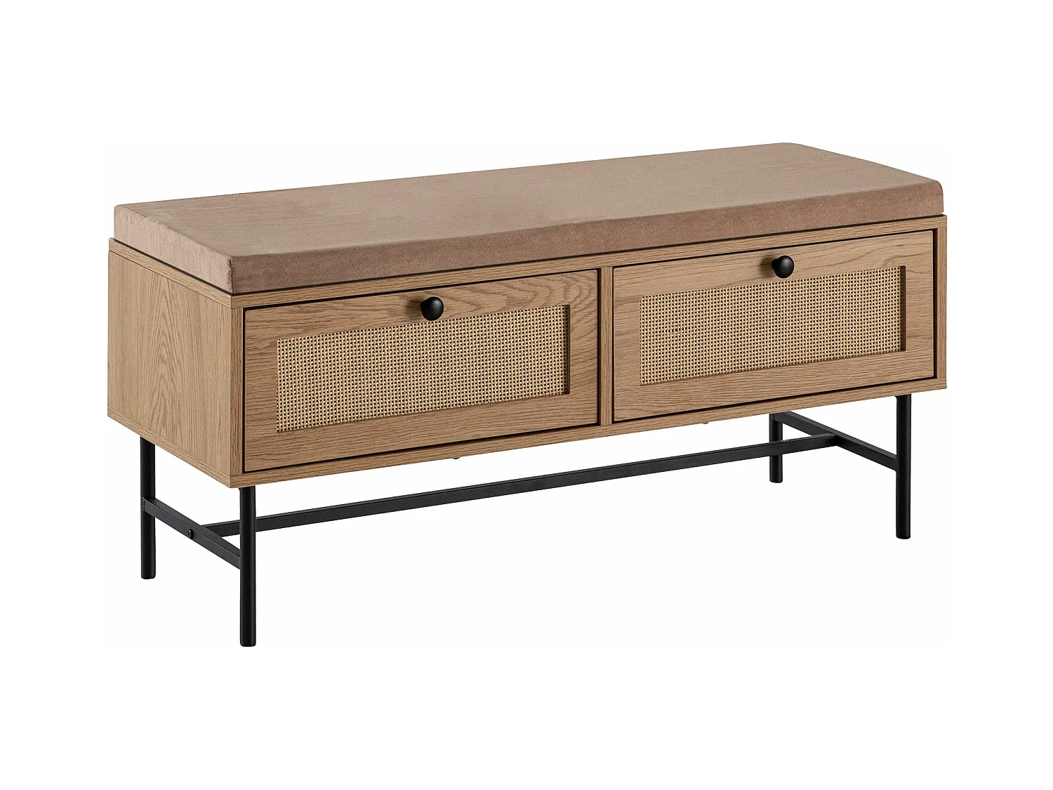 Banc à Chaussures 100 cm Rembourré Décor Chêne Tiroirs Rotin Moderne