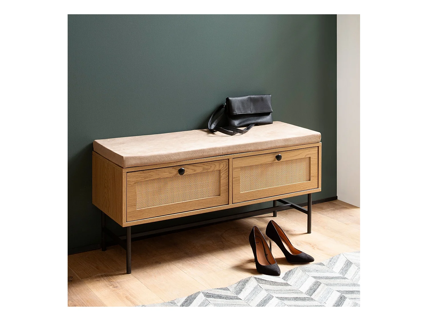 Banc à Chaussures 100 cm Rembourré Décor Chêne Tiroirs Rotin Moderne