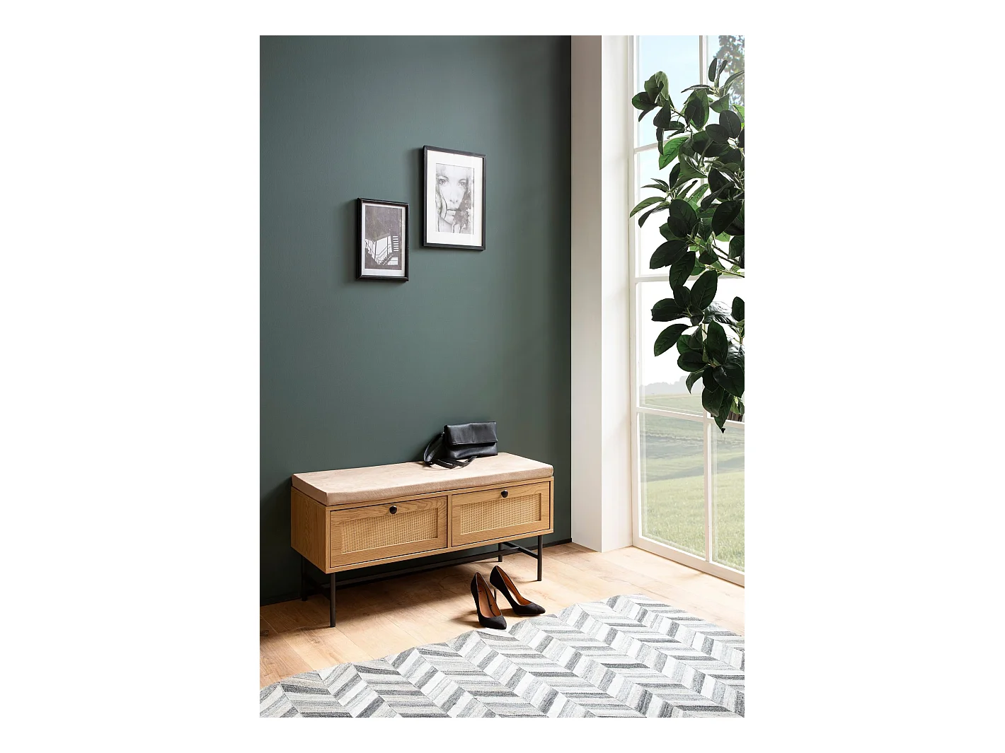 Banc à Chaussures 100 cm Rembourré Décor Chêne Tiroirs Rotin Moderne